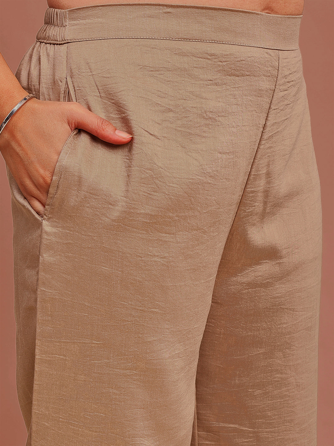 Beige Colored Silk Blend With Zari Work Yoke Embroidered Tunic & Trouser Co-ord Set